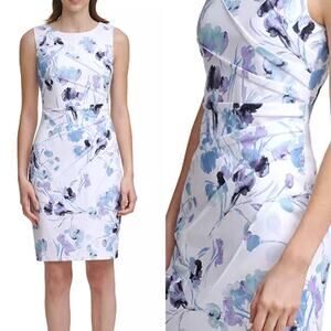 Calvin Klein White & Blue Floral Scuba Ruched Sheath Dress